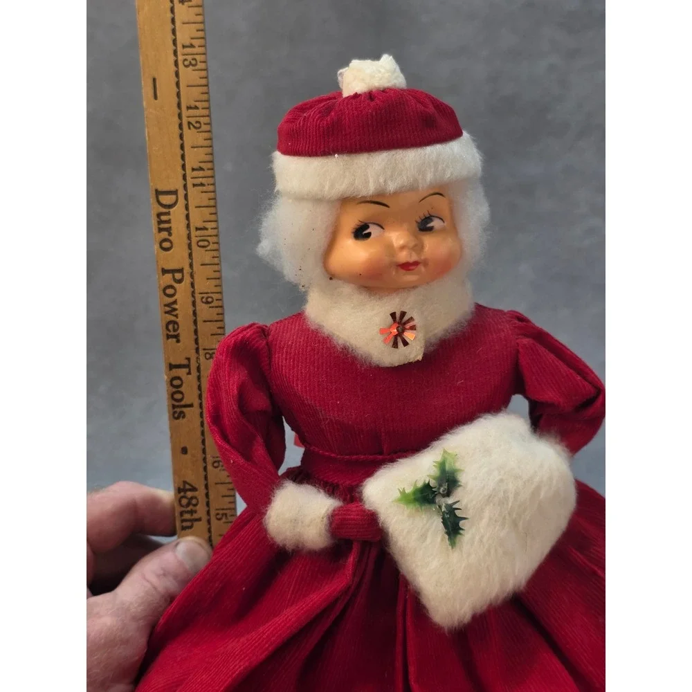 Vintage MCM Christmas Doll Red Corduroy Dress Dish Soap Bottle Doll 12.5 Inch